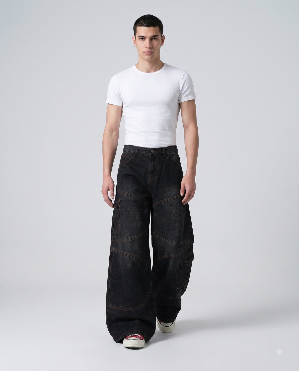 Boulevard Cargo Jeans — Onyx on model — walking, fabric in motion
