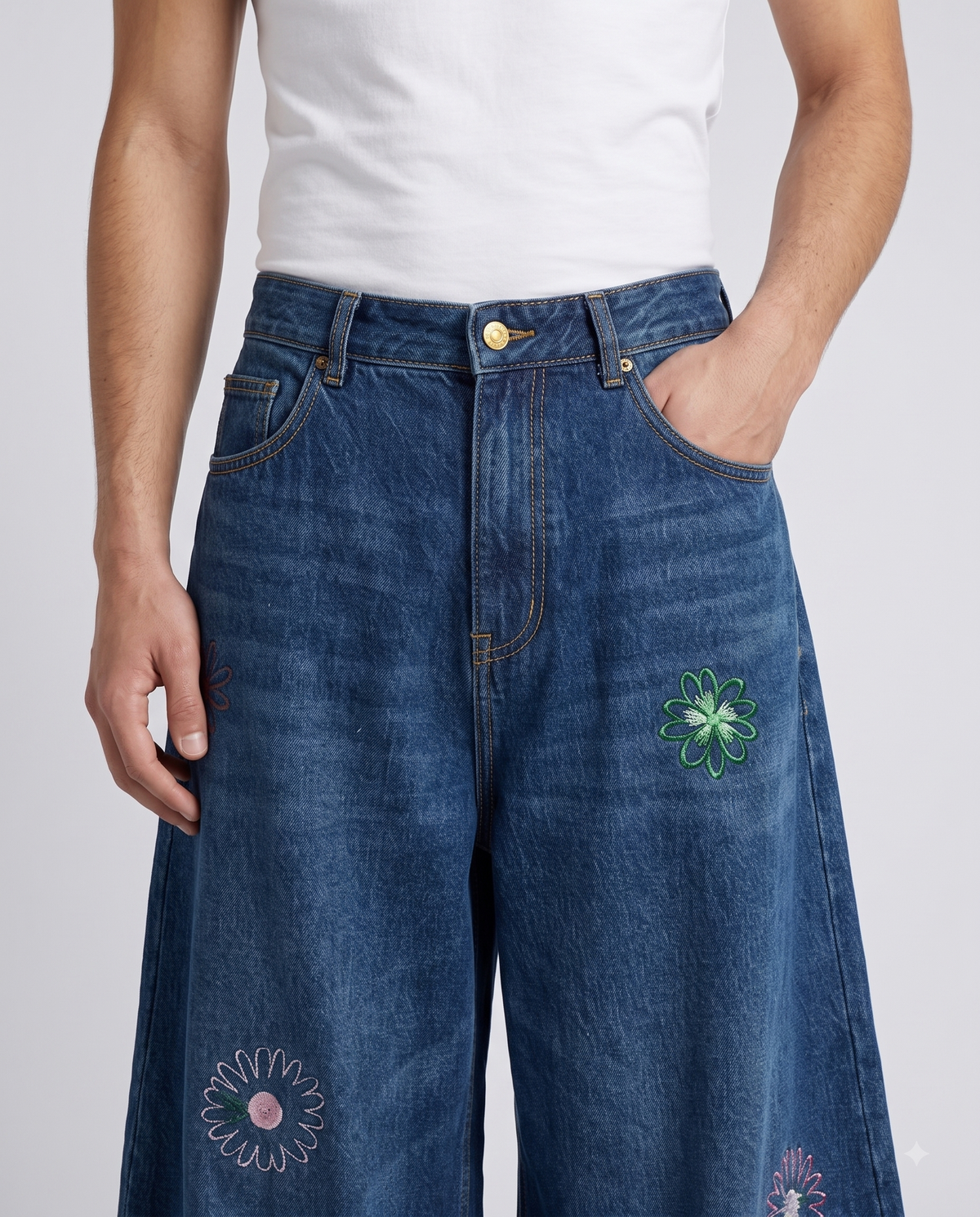 Big Easy Embroidered Jeans — Petal Blue on model — waist and pocket detail