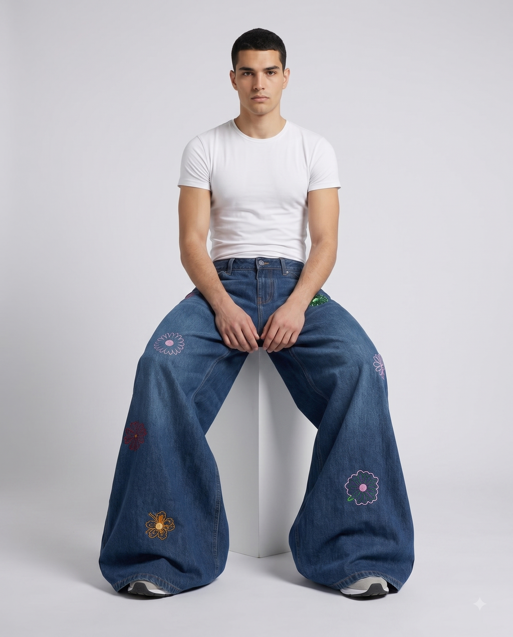 Big Easy Embroidered Jeans — Petal Blue on model — seated fit view