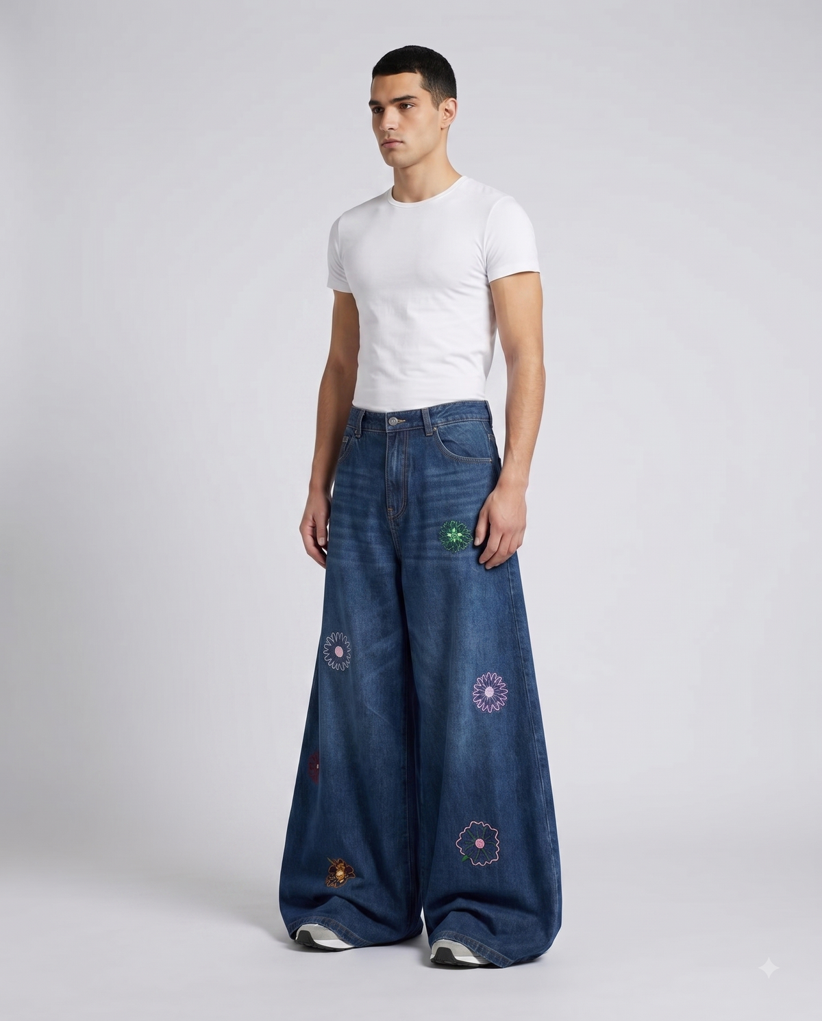 Big Easy Embroidered Jeans — Petal Blue on model — three-quarter view
