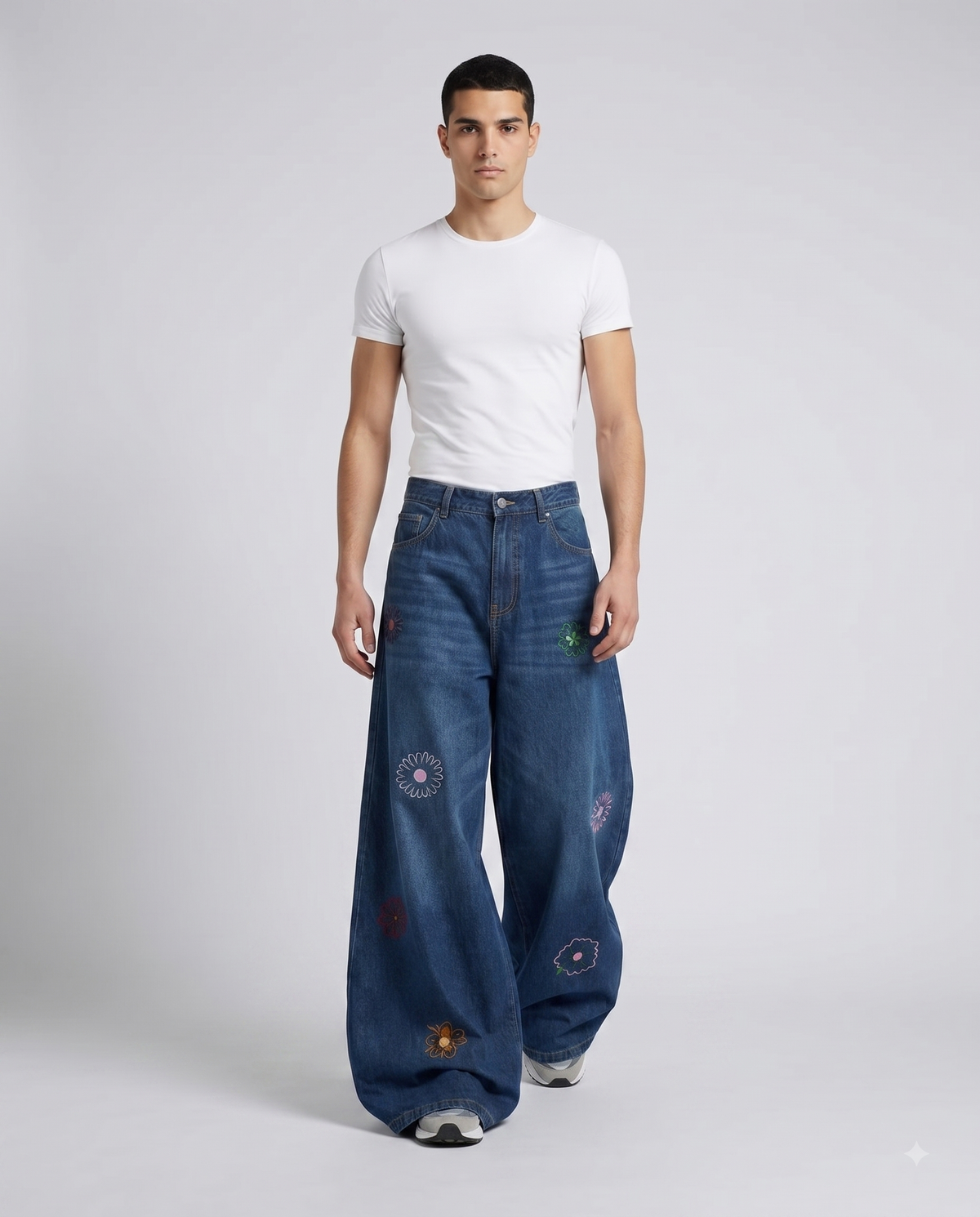 Big Easy Embroidered Jeans — Petal Blue on model — walking, fabric in motion