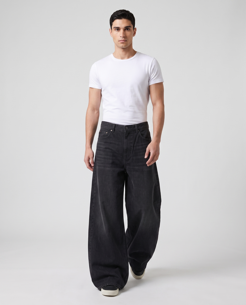 Slack Jeans — Blacktop on model — walking, fabric in motion