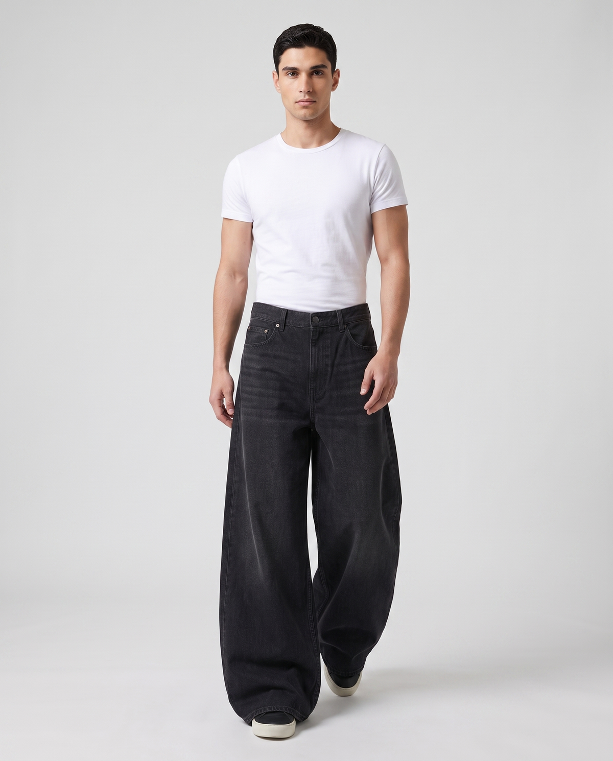 Slack Jeans — Blacktop on model — walking, fabric in motion