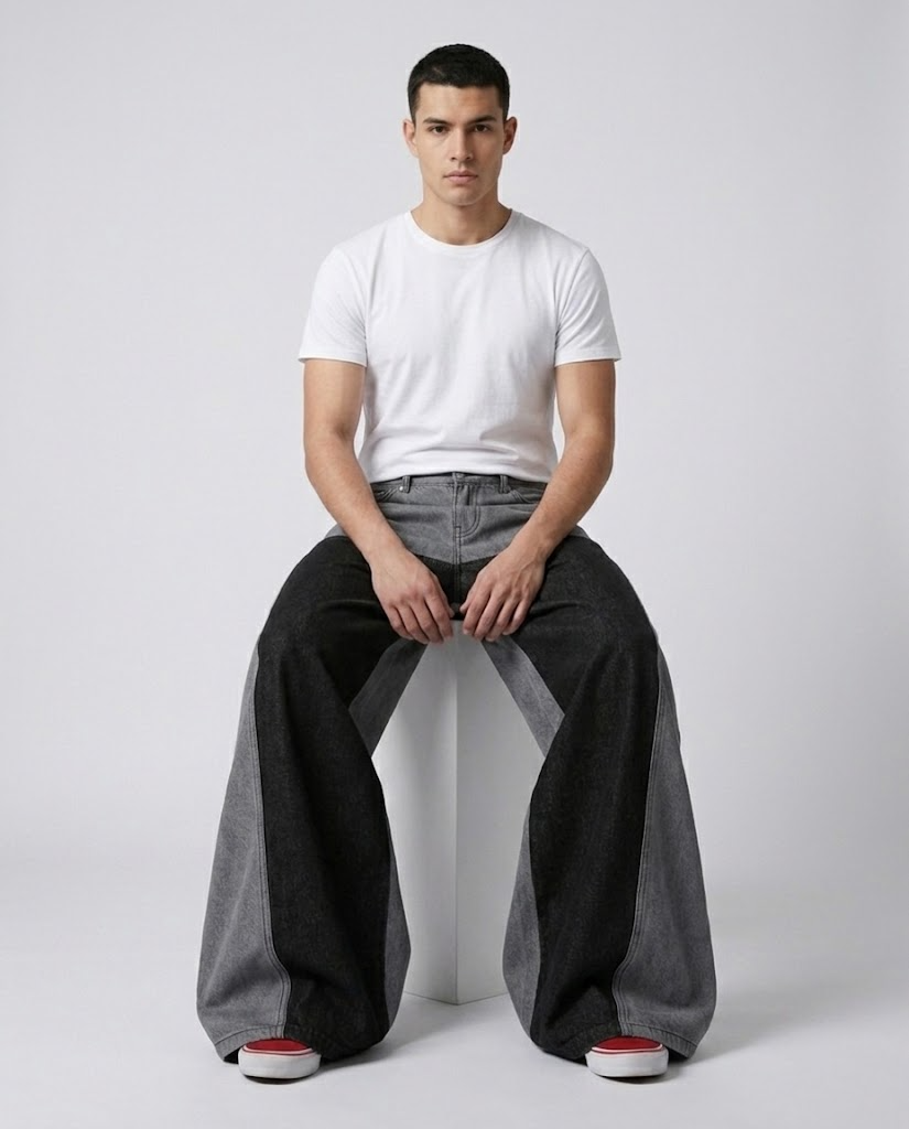Easy Jeans Cinder Patch on model — seated fit view