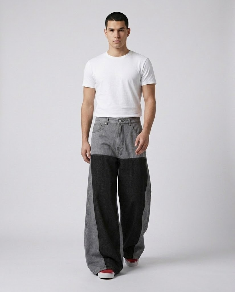 Easy Jeans Cinder Patch on model — walking, fabric in motion