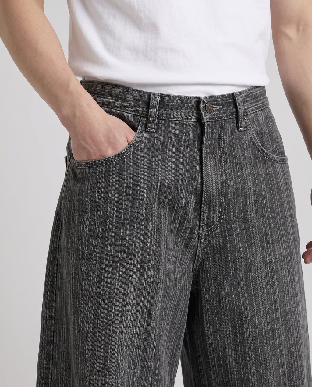 Session Jeans — Pinstripe Fade on model — waist and pocket detail