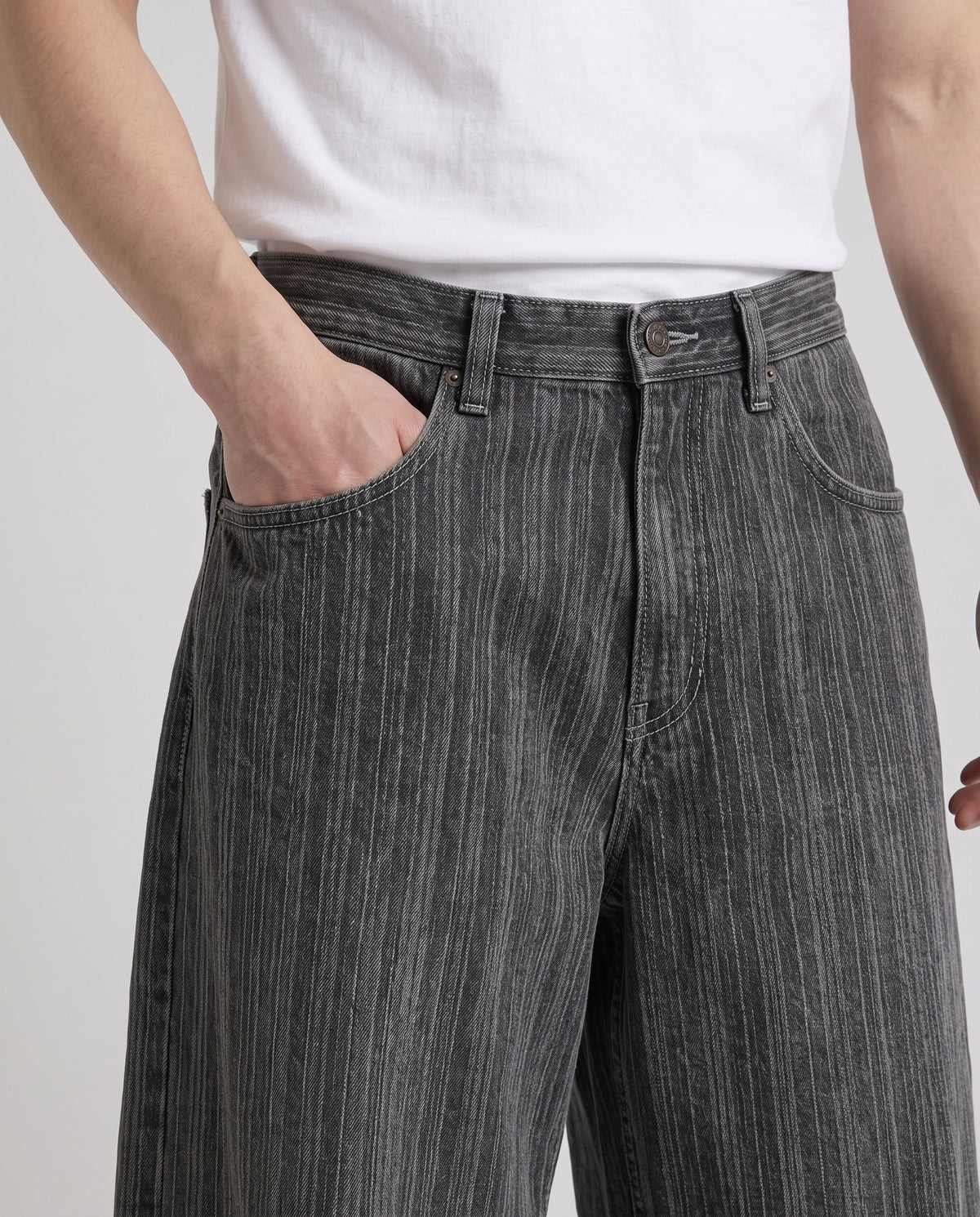 Session Jeans — Pinstripe Fade on model — waist and pocket detail