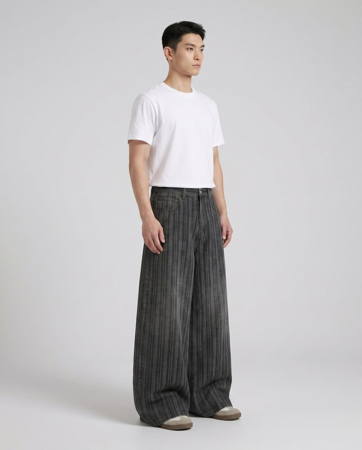 Session Jeans — Pinstripe Fade on model — three-quarter view