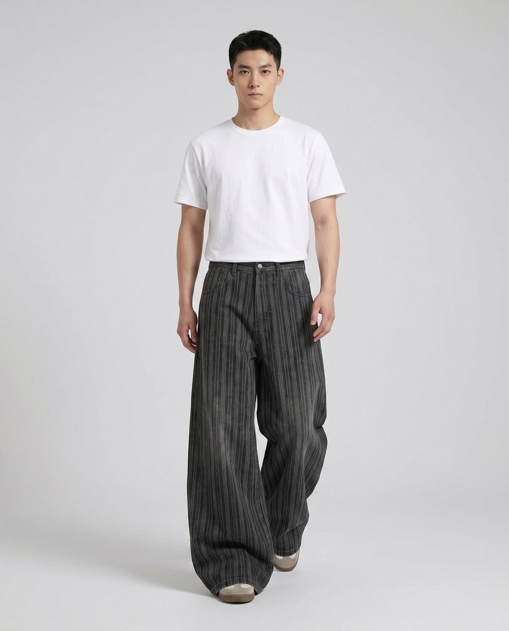Session Jeans — Pinstripe Fade on model — walking, fabric in motion