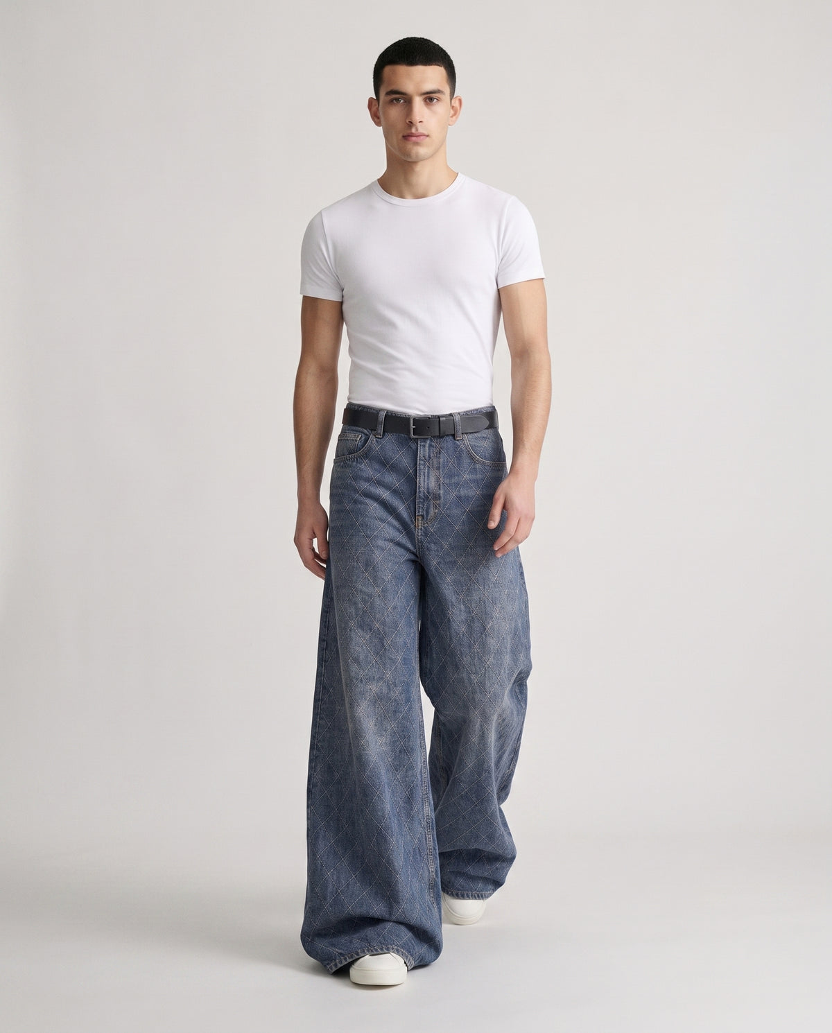 Boulevard Jeans — Diamond Blue on model — walking, fabric in motion
