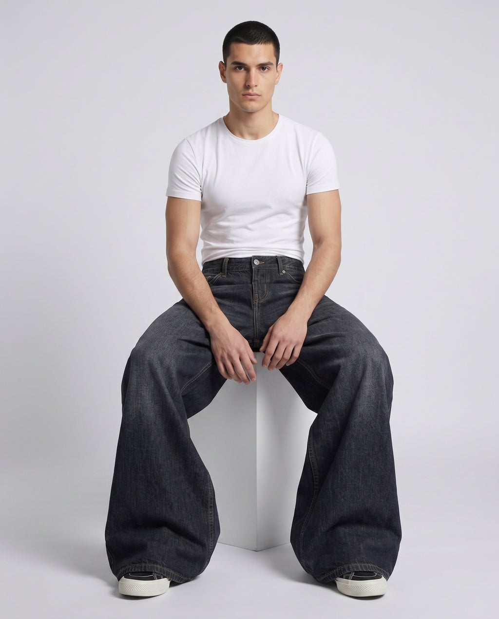 Big Easy Jeans Night Bloom on model — seated fit view