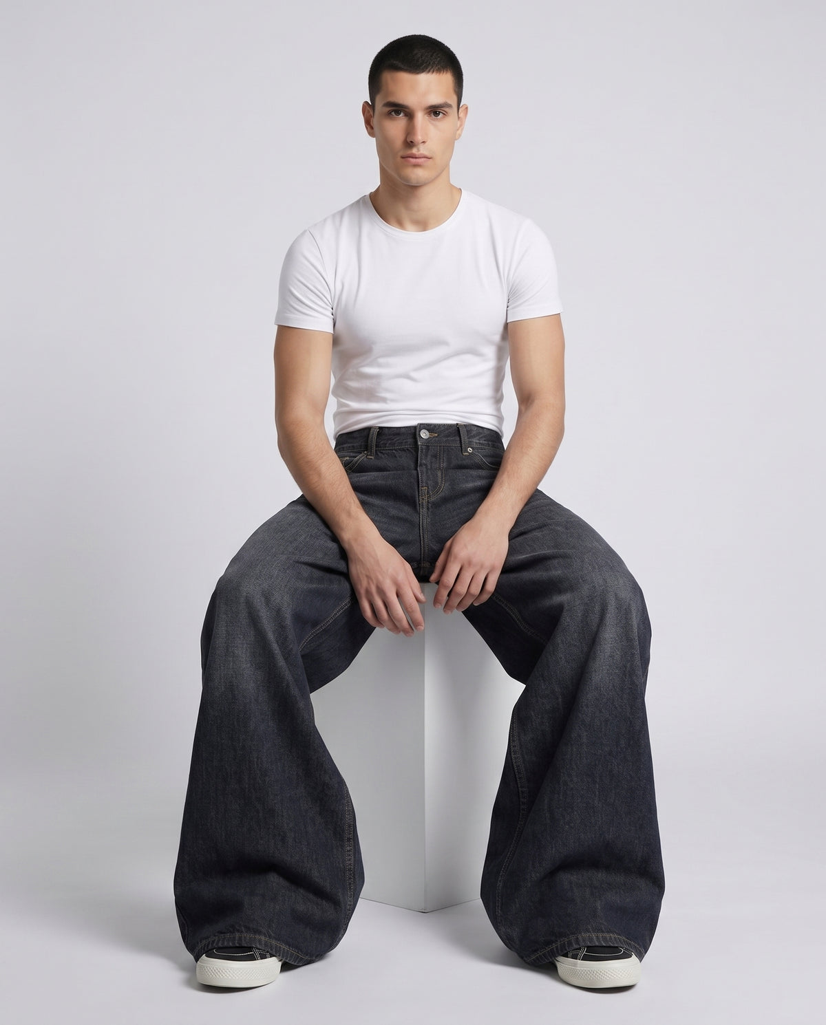 Big Easy Jeans Night Bloom on model — seated fit view