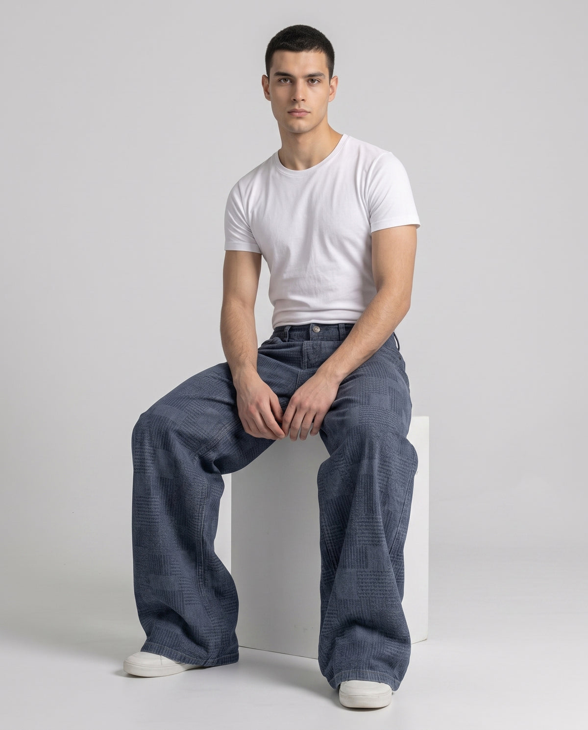 Boulevard Jeans — Block Print on model — seated fit view