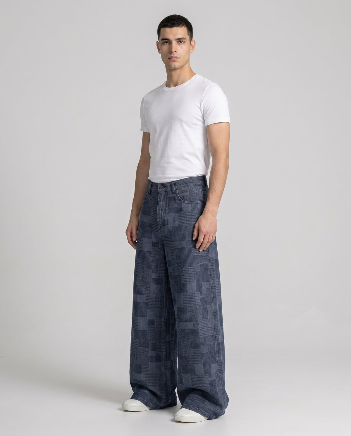 Boulevard Jeans — Block Print on model — three-quarter view