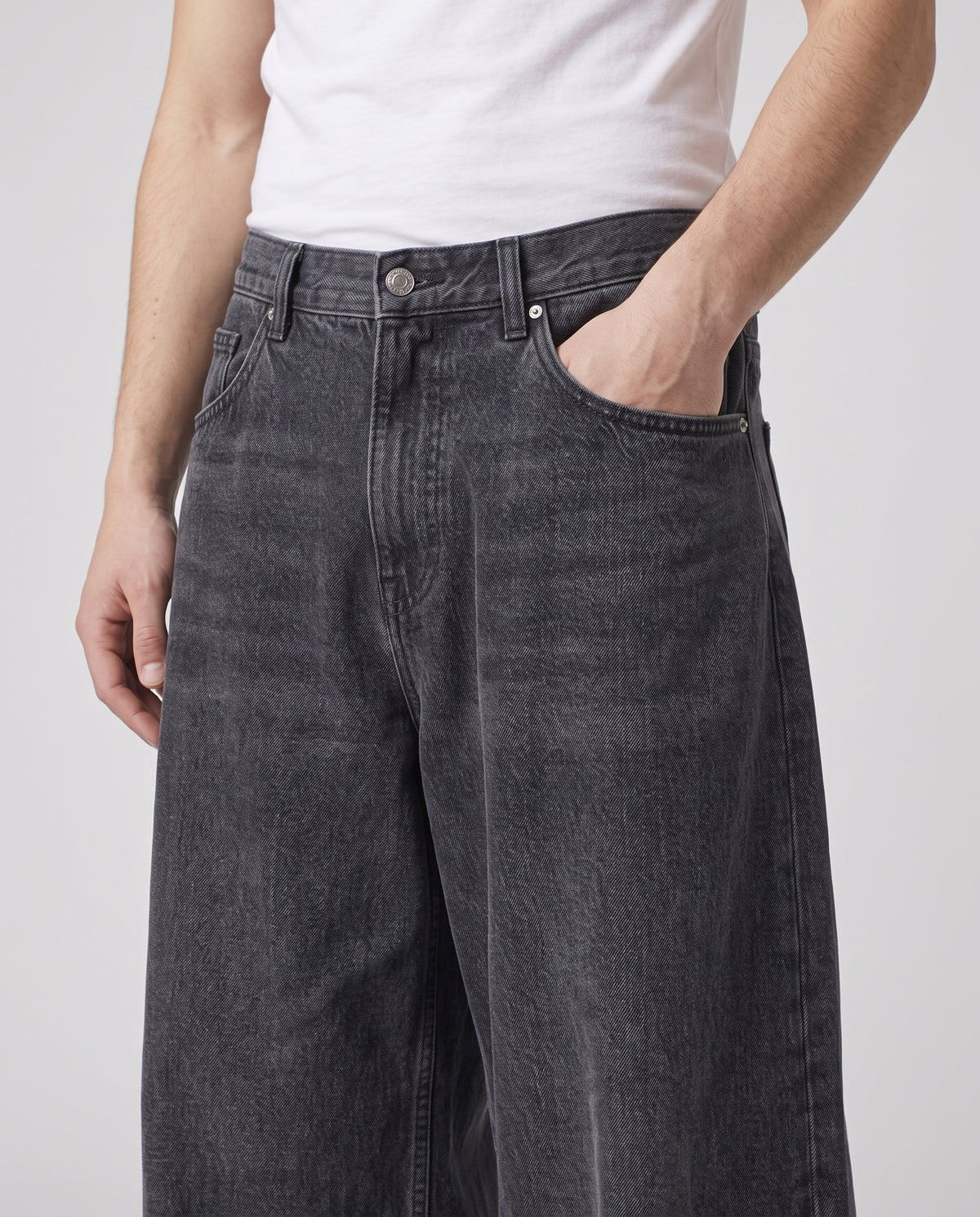 Easy Jeans — Soft Black on model — waist and pocket detail