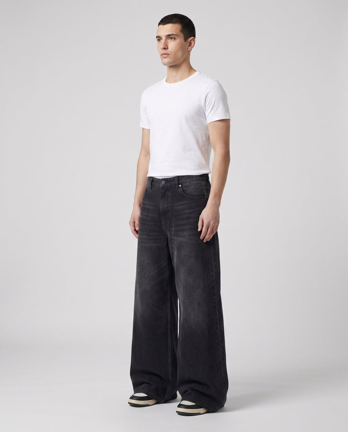 Easy Jeans — Soft Black on model — three-quarter view