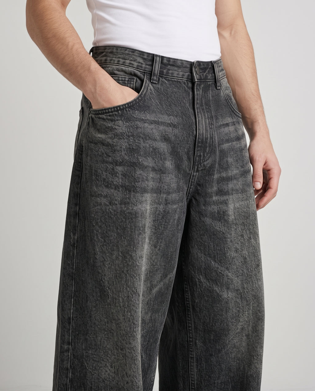 Session Jeans — Graffiti Black on model — waist and pocket detail
