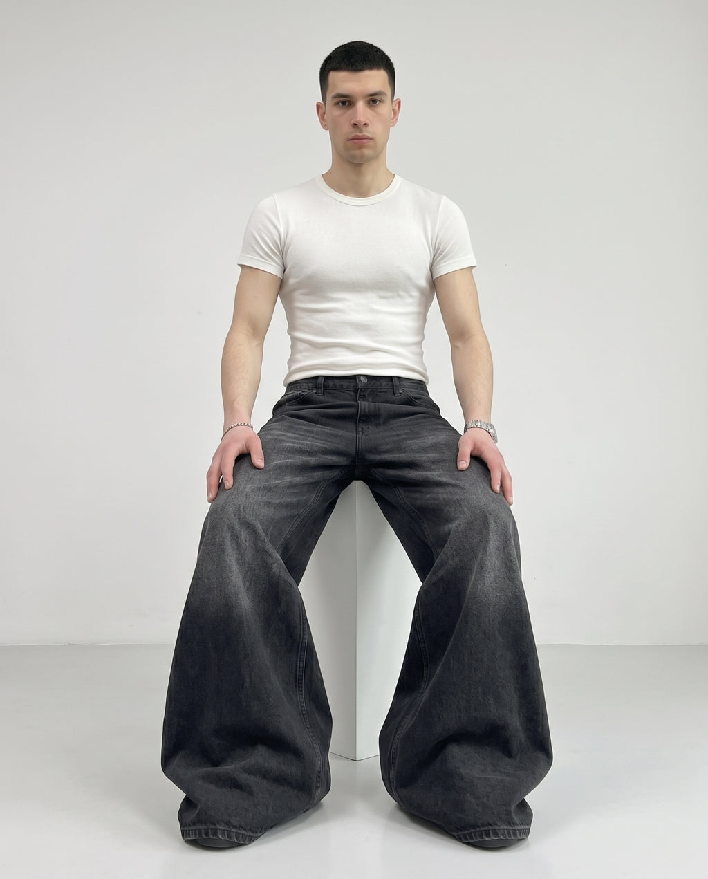 Slack Jeans — Bone Wash on model — seated fit view