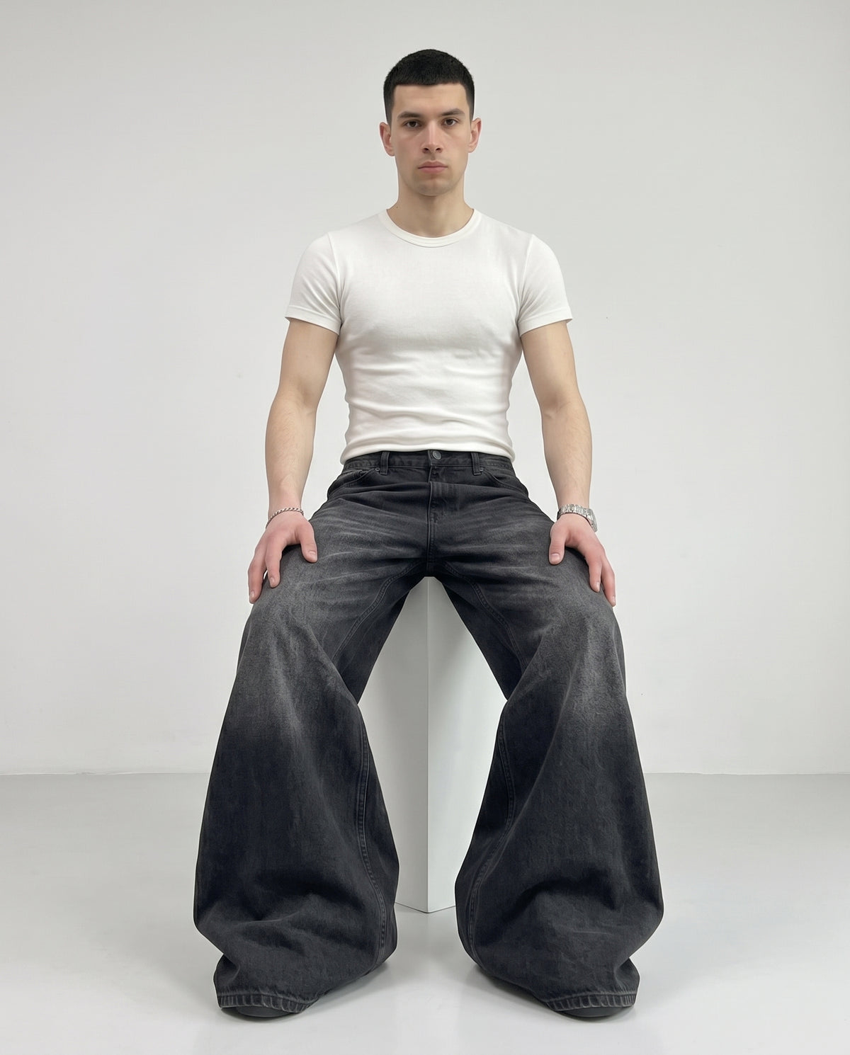 Slack Jeans — Bone Wash on model — seated fit view
