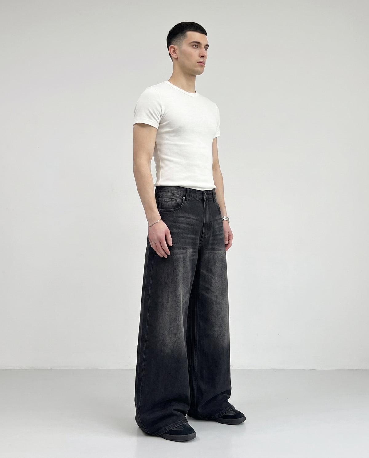 Slack Jeans — Bone Wash on model — three-quarter view
