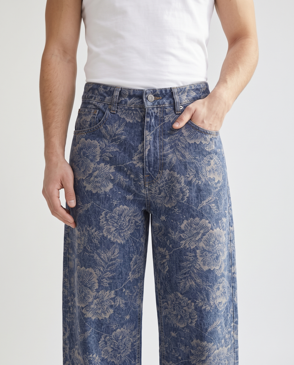 Maxout Jeans — Stonewash on model — waist and pocket detail