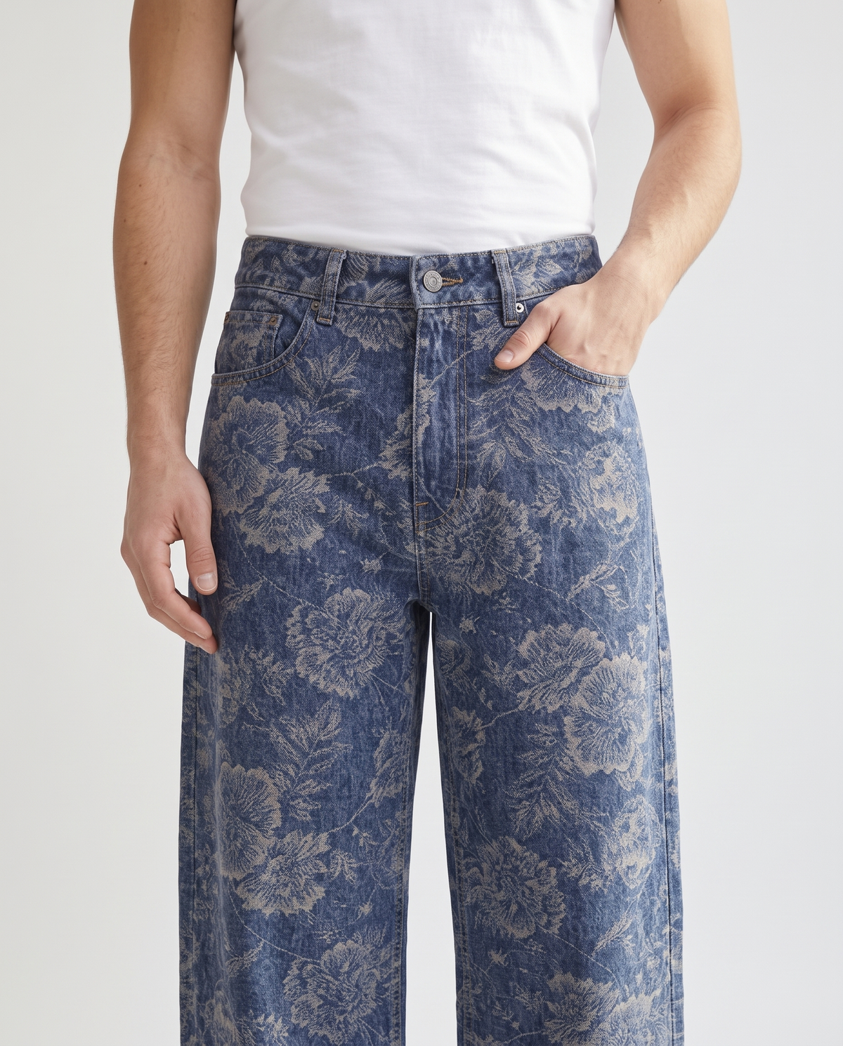 Maxout Jeans — Stonewash on model — waist and pocket detail