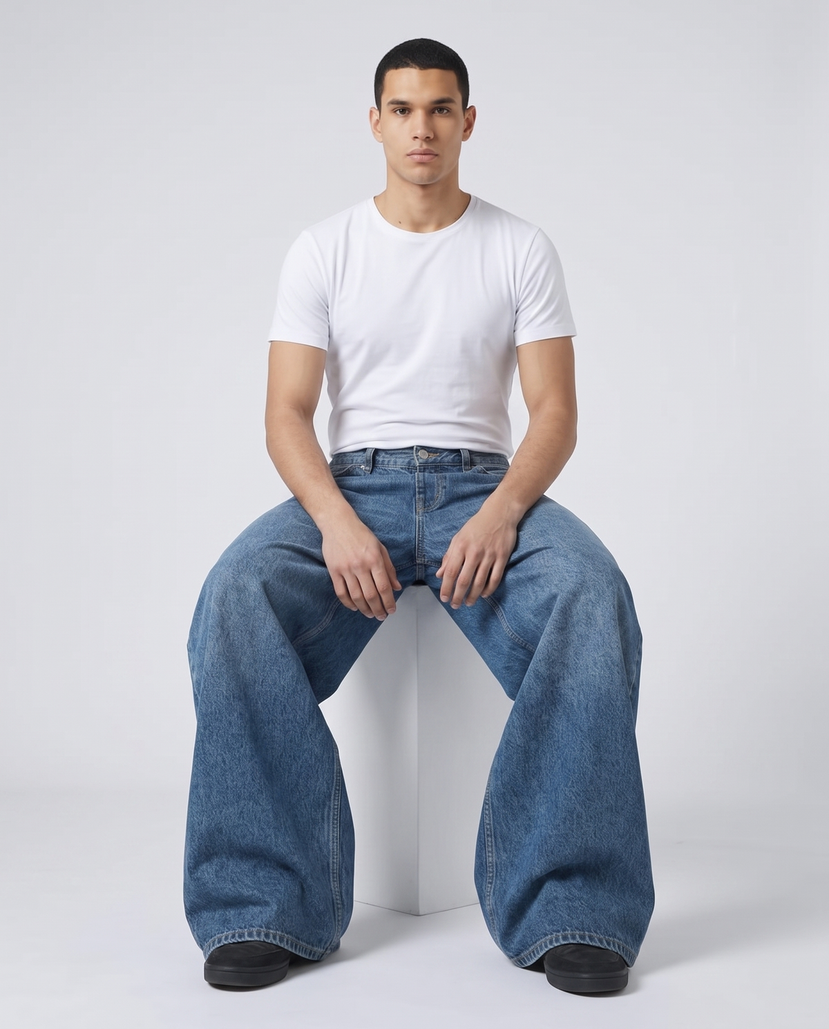 Maxout Jeans — Stonewash on model — seated fit view