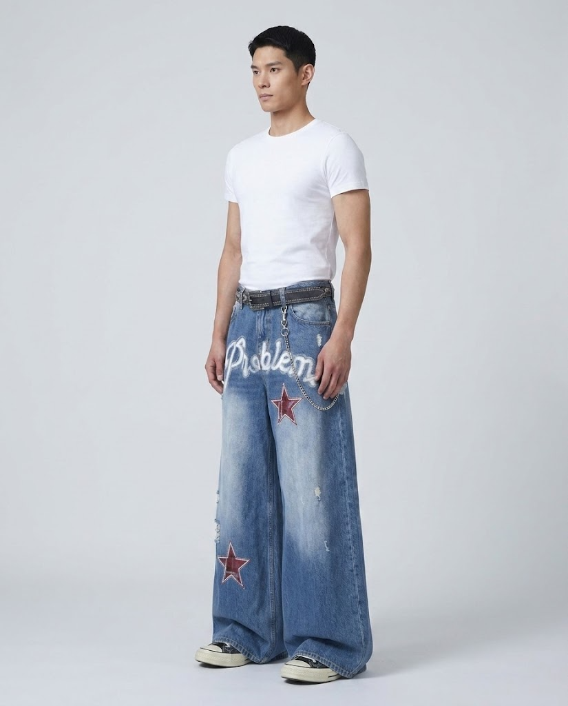 Session Ripped Jeans — Curb Blue on model — three-quarter view
