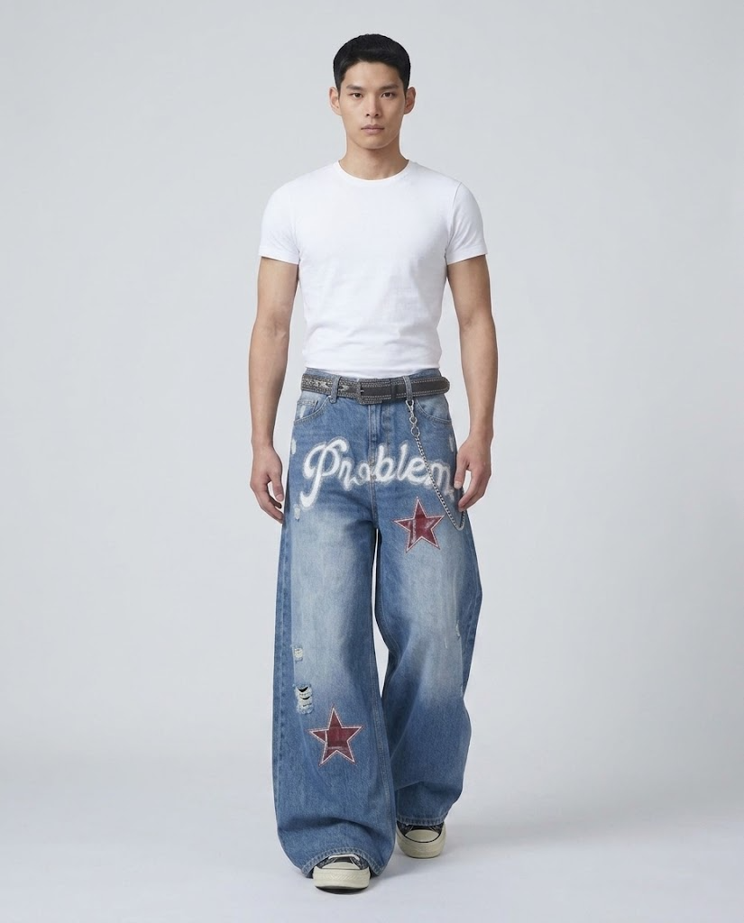 Session Ripped Jeans — Curb Blue on model — walking, fabric in motion