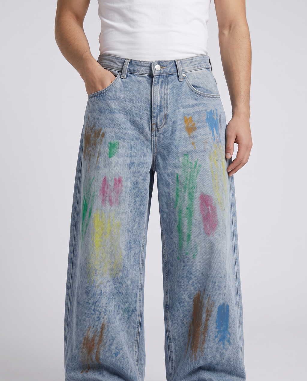 Easy Jeans — Paint Splash on model — waist and pocket detail
