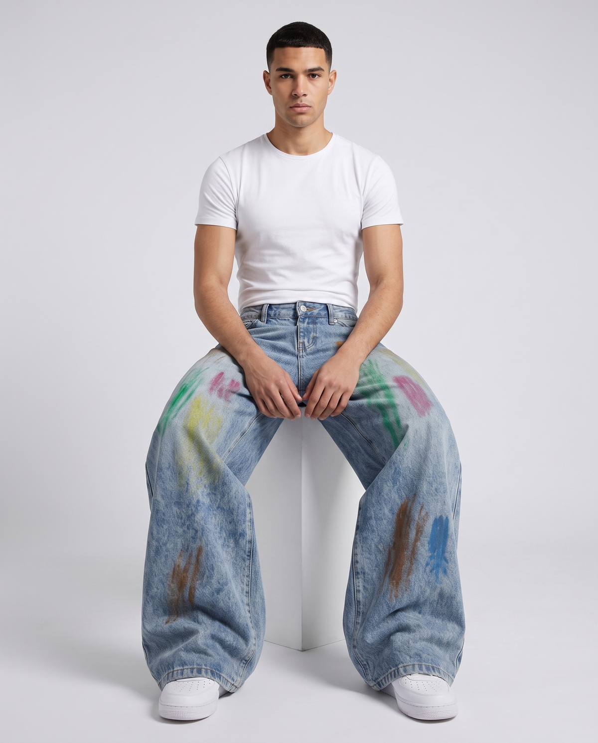 Easy Jeans — Paint Splash on model — seated fit view