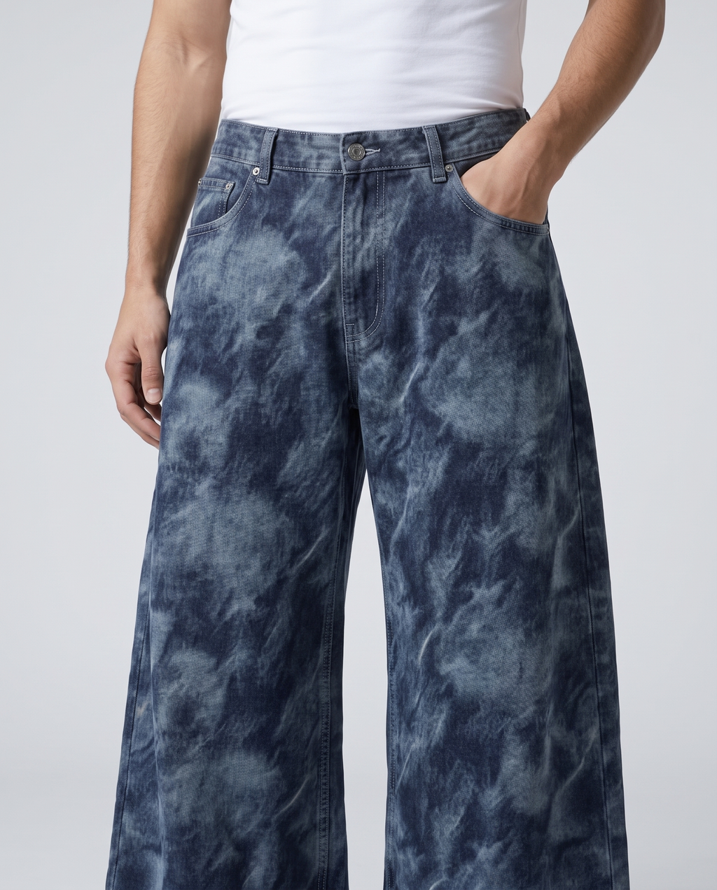 Maxout Jeans — Ink Cloud on model — waist and pocket detail