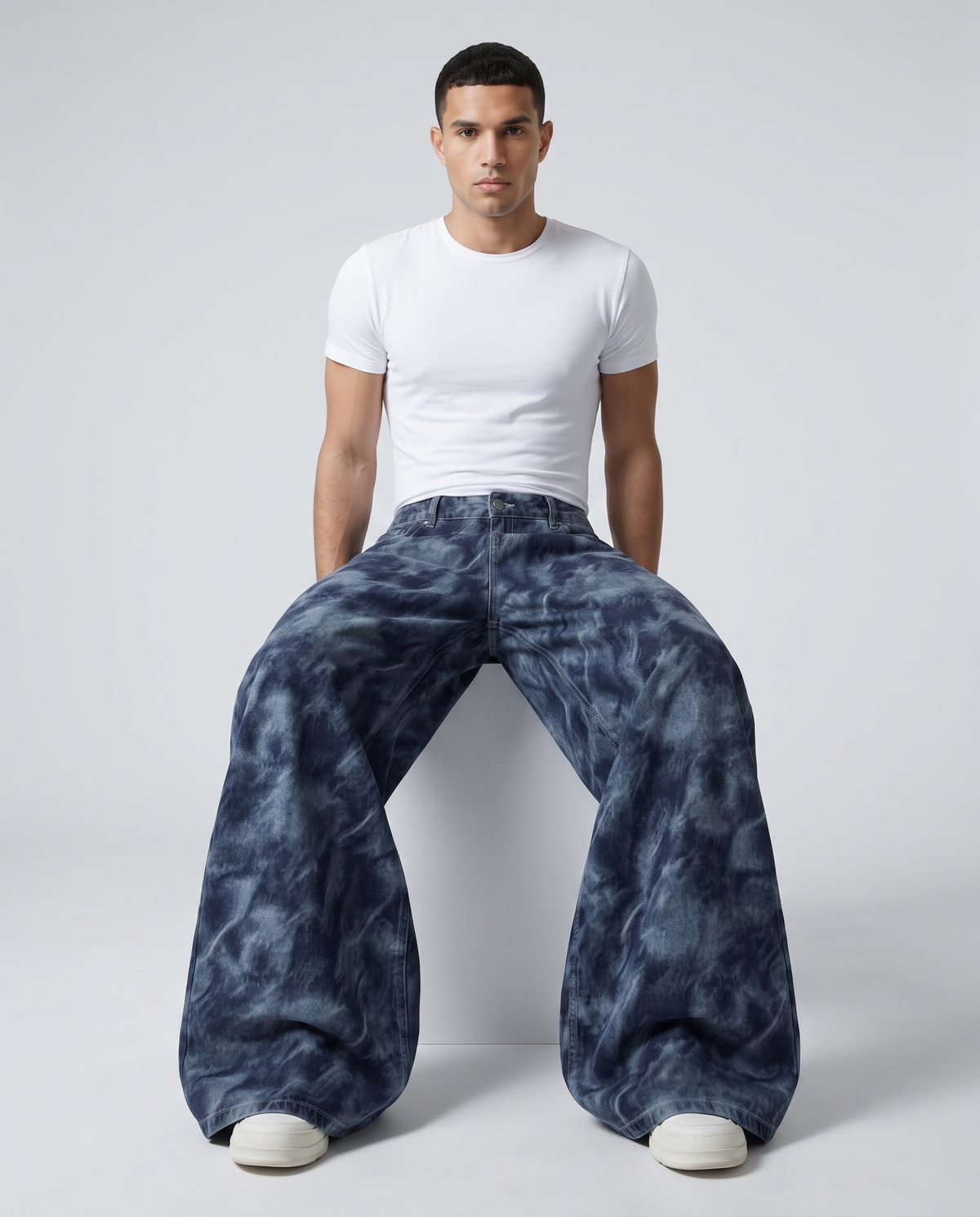 Maxout Jeans — Ink Cloud on model — seated fit view