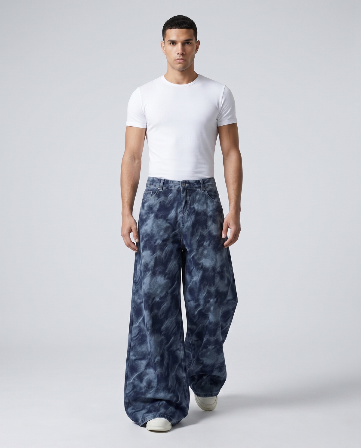 Maxout Jeans — Ink Cloud on model — walking, fabric in motion