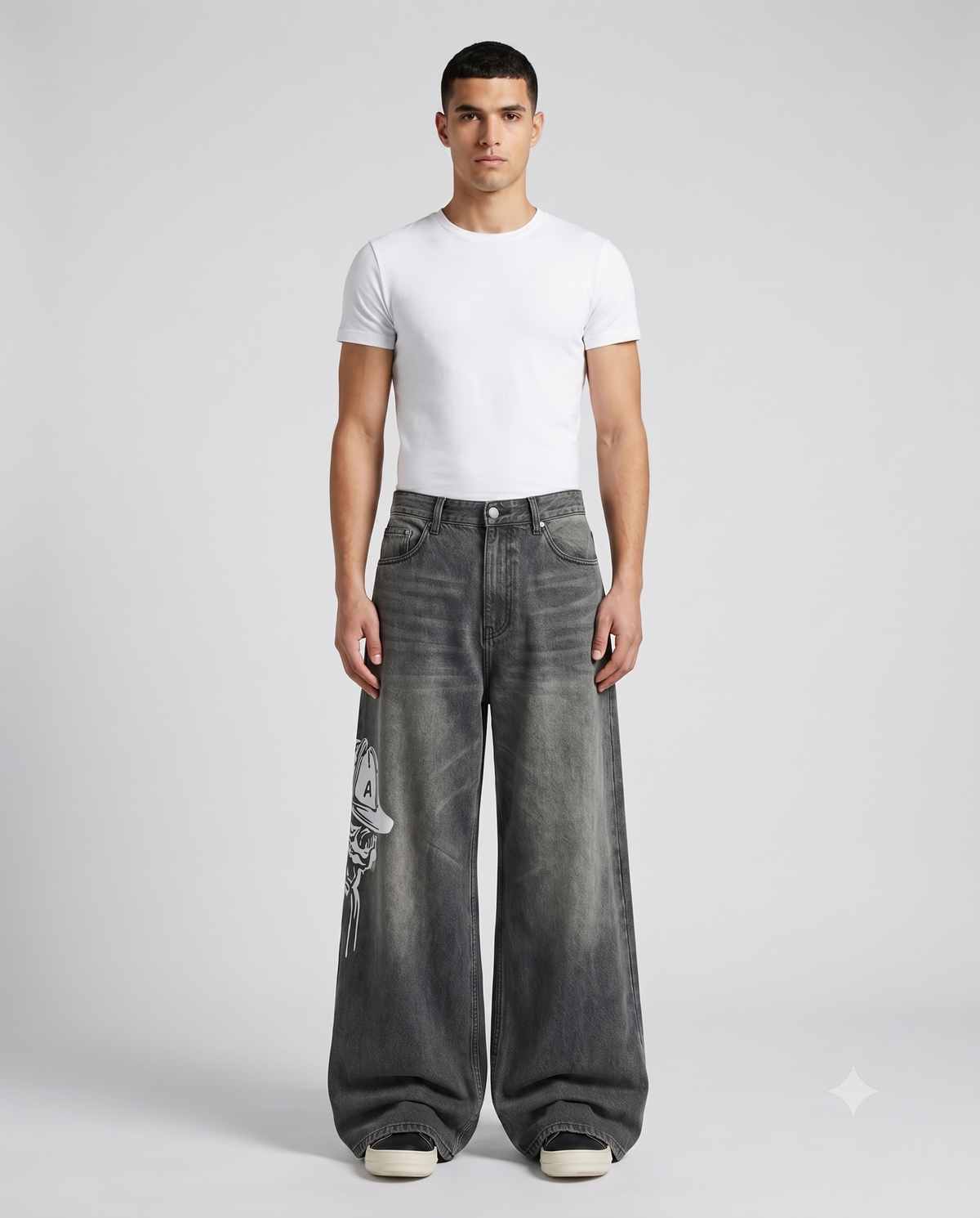 Maxout Embroidered Jeans — Flora Blue on model — three-quarter view