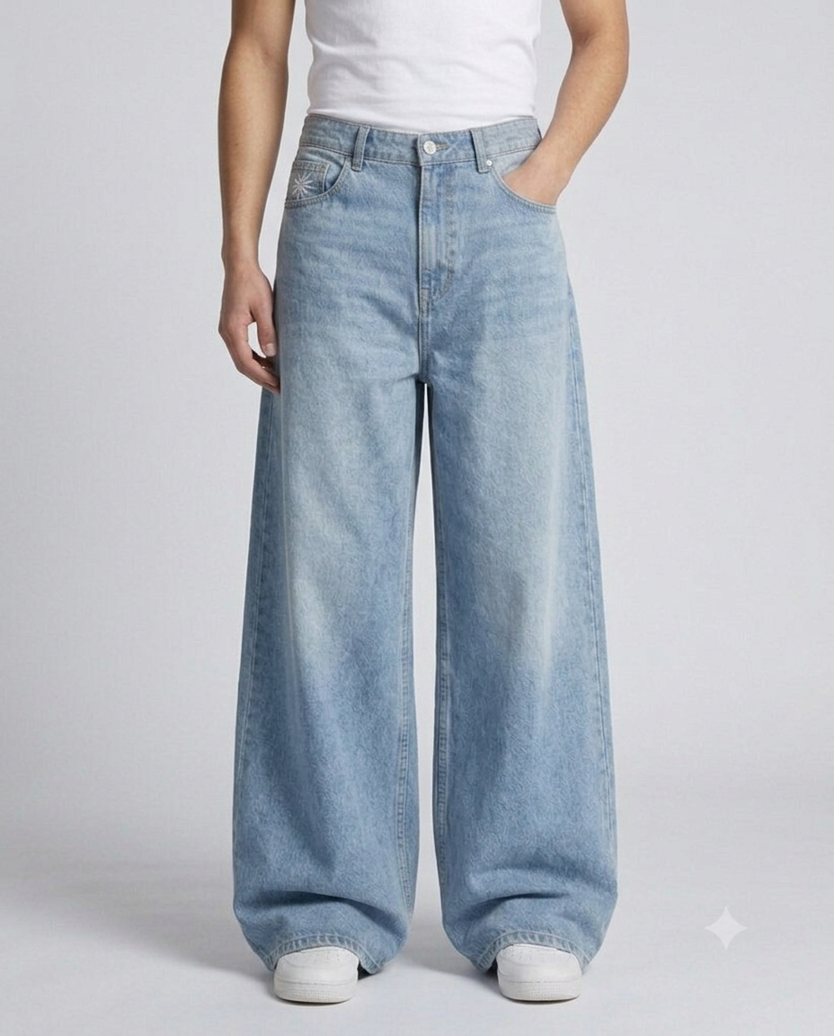 Maxout Embroidered Jeans — Flora Blue on model — walking, fabric in motion