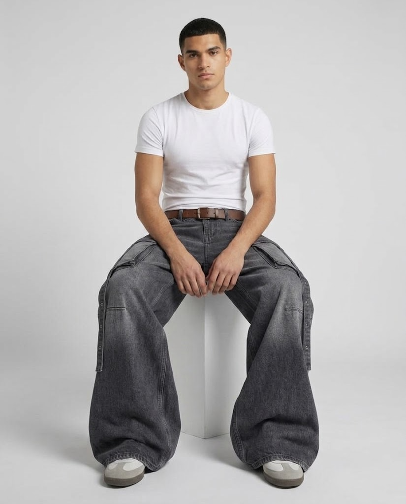 Foreman Jeans — Iron Wash on model — seated fit view