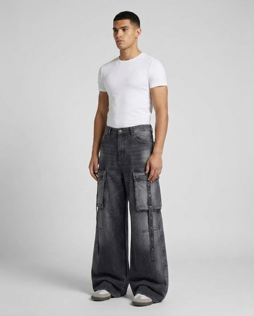 Foreman Jeans — Iron Wash on model — three-quarter view
