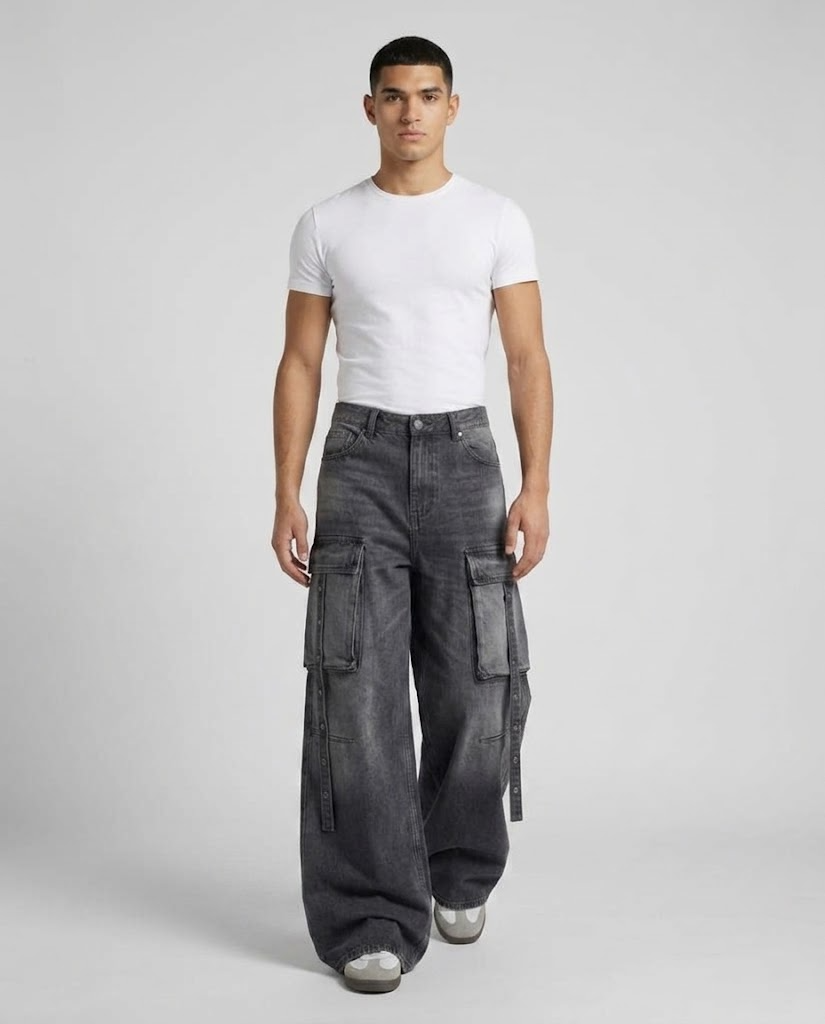Foreman Jeans — Iron Wash on model — walking, fabric in motion