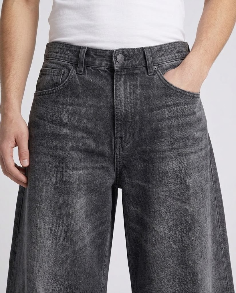 Easy Jeans — Washed Black on model — waist and pocket detail