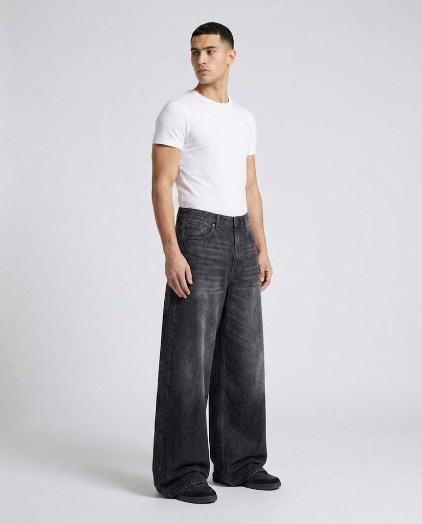 Easy Jeans — Washed Black on model — three-quarter view
