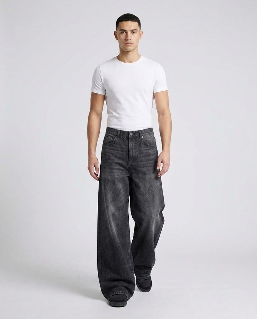 Easy Jeans — Washed Black on model — walking, fabric in motion