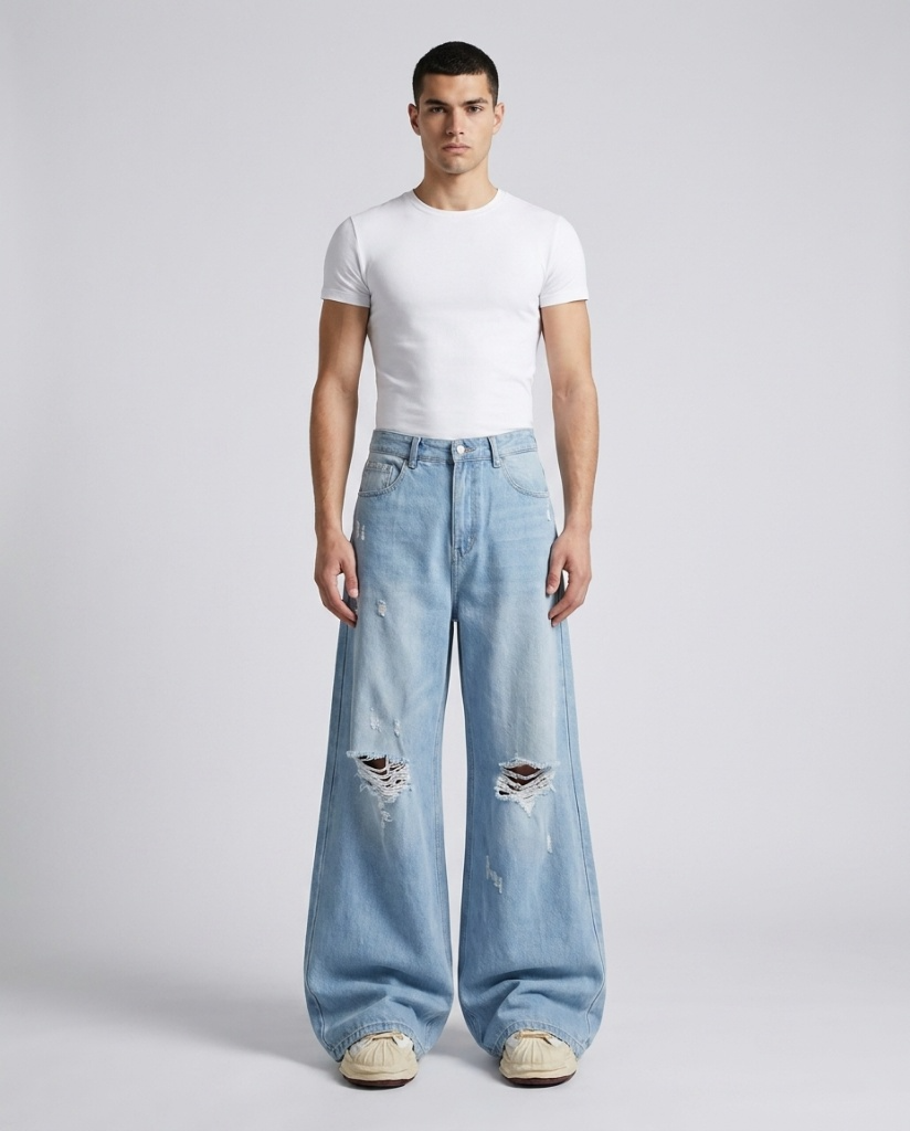 Boulevard Distressed Jeans — Ice Blue on model — back view