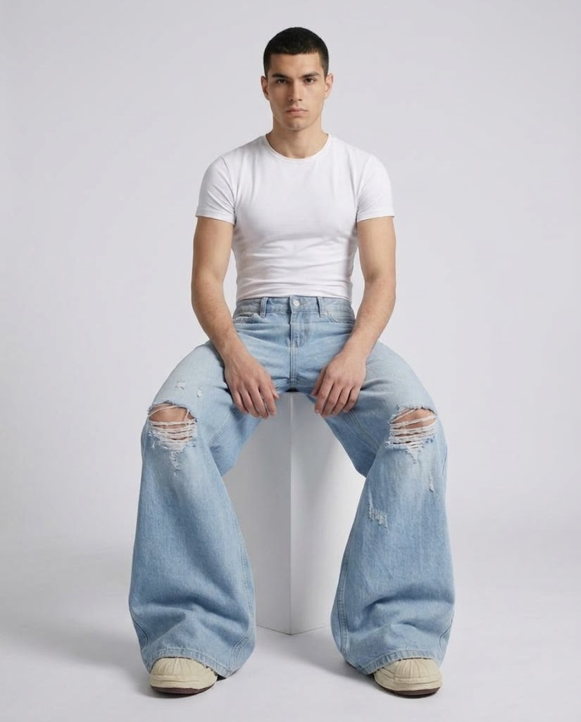 Boulevard Distressed Jeans — Ice Blue on model — seated fit view