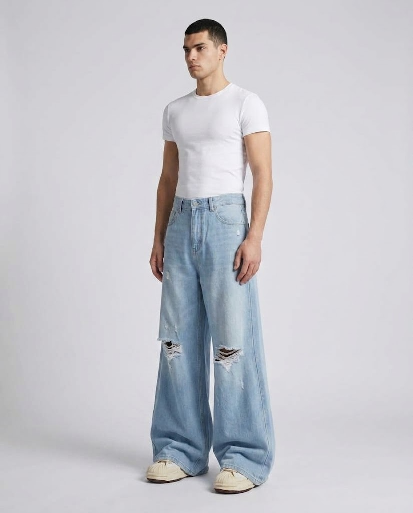 Boulevard Distressed Jeans — Ice Blue on model — three-quarter view