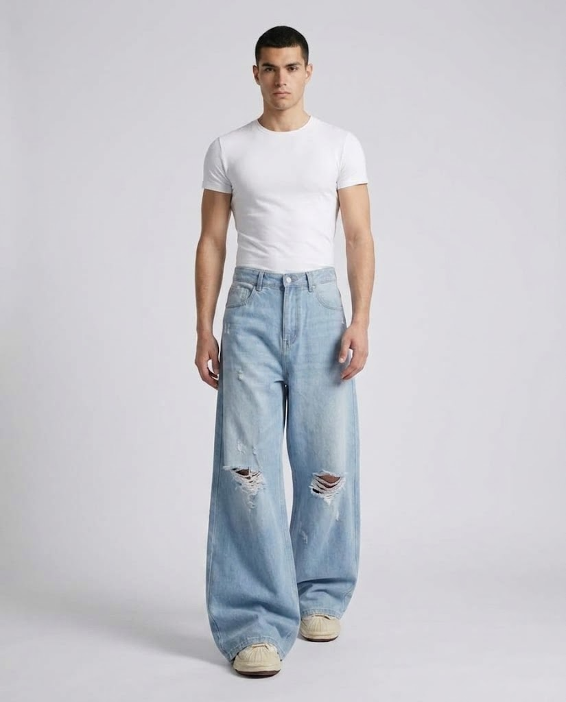 Boulevard Distressed Jeans — Ice Blue on model — walking, fabric in motion