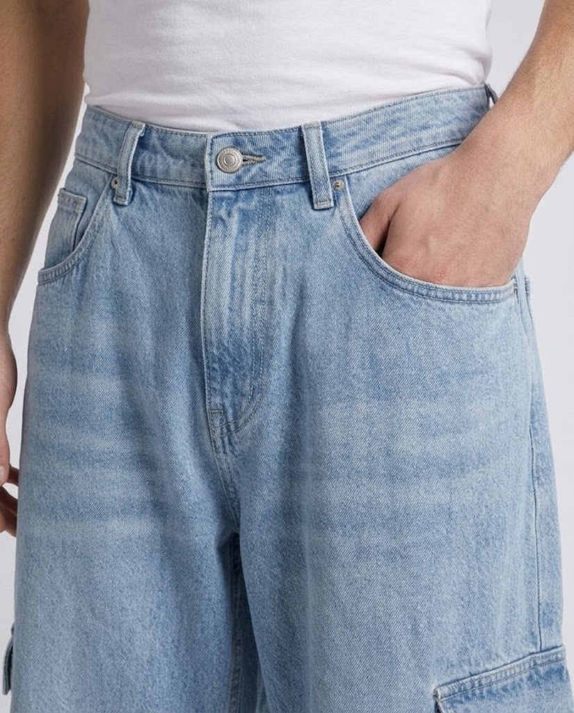 Maxout Jeans — Glacier Blue on model — waist and pocket detail