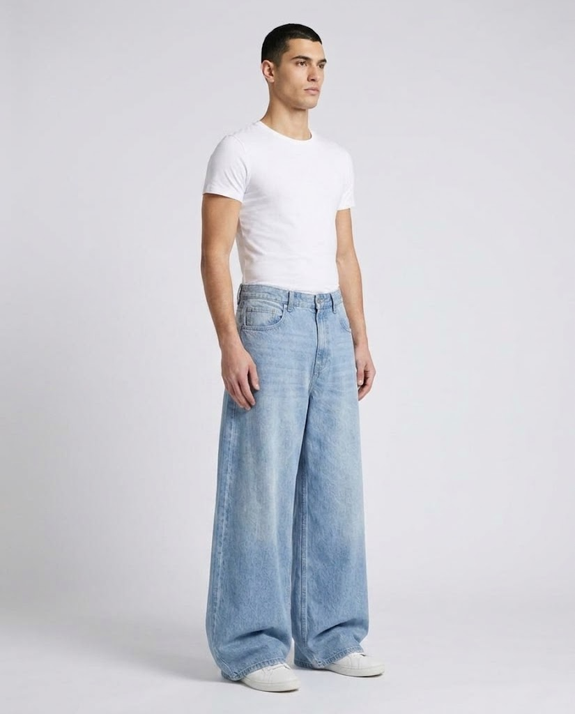 Maxout Jeans — Glacier Blue on model — three-quarter view