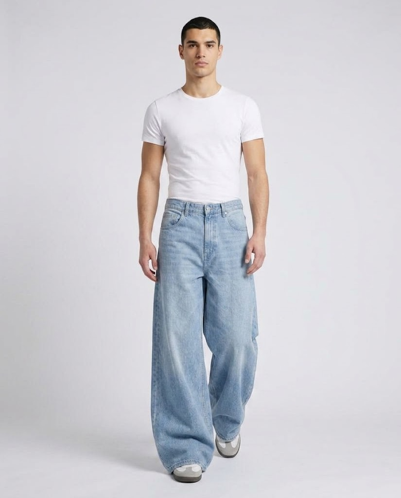Maxout Jeans — Glacier Blue on model — walking, fabric in motion