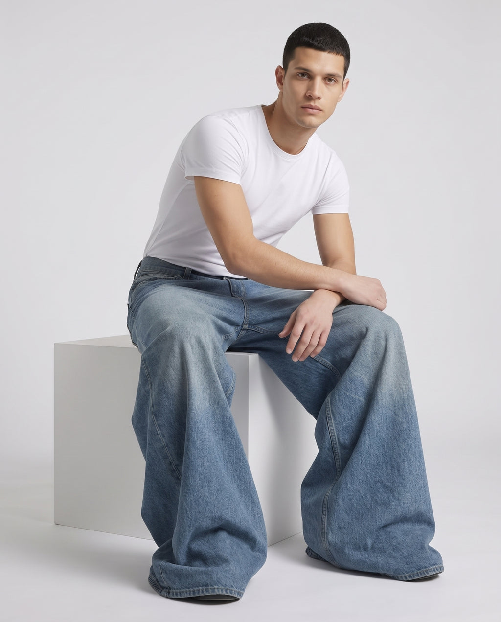 Easy Jeans — River Blue on model — seated fit view